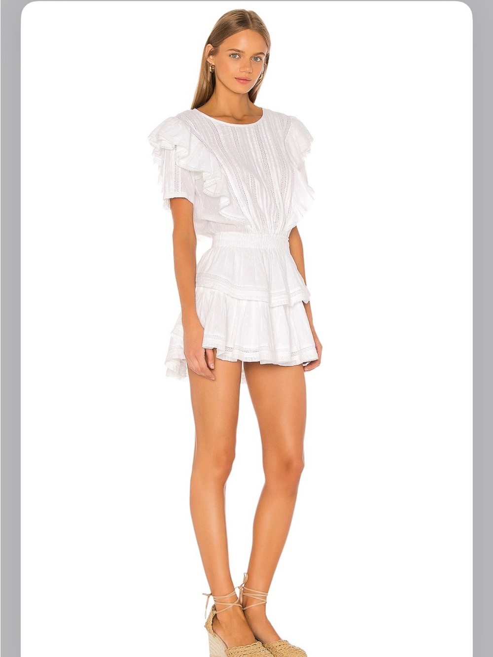 LoveShackFancy- Natasha Double Ruffled Flutter Sleeve White Mini Dress. Size: XS - Picture 4 of 10